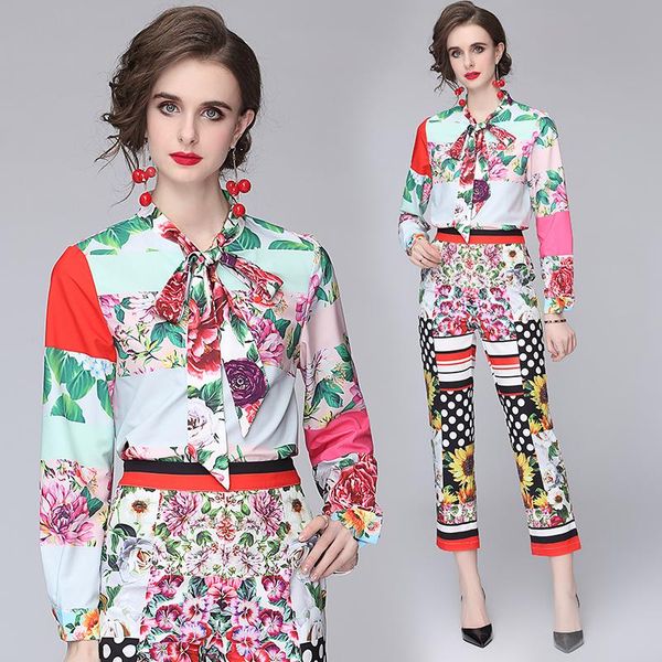 women's two piece pants retro floral women designer sets 2021 runway shirts + trousers spring autumn set office lady bow lace up suits, White
women's two piece pants retro floral women designer sets 2021 runway shirts + trousers spring autumn set office lady bow lace up suits, White