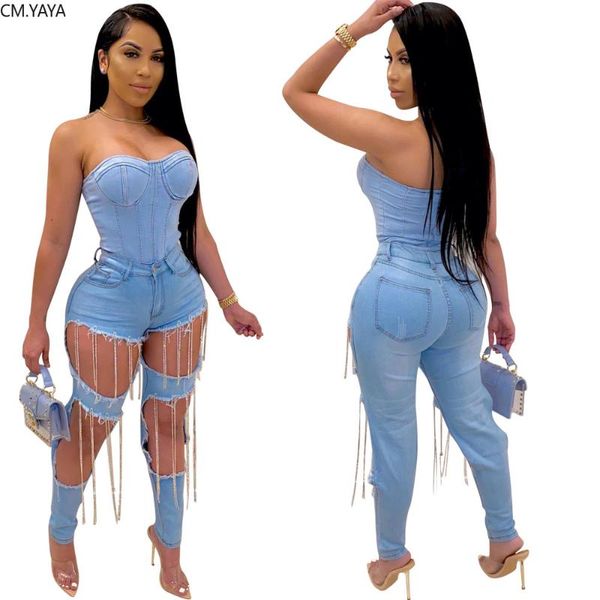 women's jeans cm.yaya summer denim pants women retro solid hole ripped chain tassel trousers street skinny high waist lady, Blue
women's jeans cm.yaya summer denim pants women retro solid hole ripped chain tassel trousers street skinny high waist lady, Blue