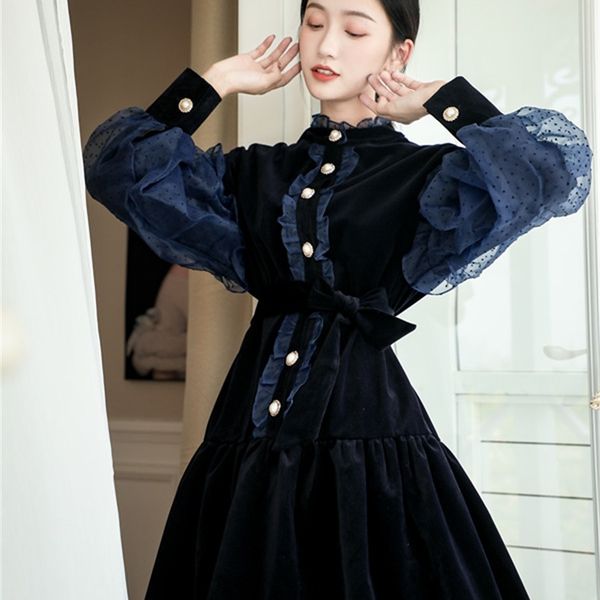 banulin autumn winter lantern sleeve runway velvet dress women mesh dot patchwork female chic bow tie up dresses 210603, Black;gray
banulin autumn winter lantern sleeve runway velvet dress women mesh dot patchwork female chic bow tie up dresses 210603, Black;gray