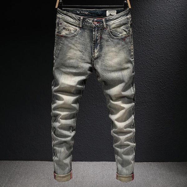 men's jeans european vintage fashion men retro yellow distressed wash elastic cotton slim embroidery designer denim pants, Blue
men's jeans european vintage fashion men retro yellow distressed wash elastic cotton slim embroidery designer denim pants, Blue