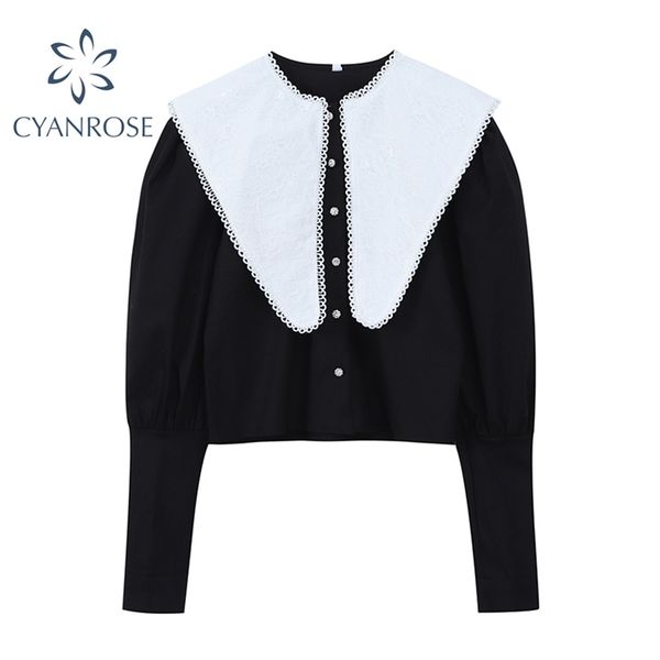 spring women fitting blouse spliced big peter pan embroidery collar long sleeve button shirt vintage french blusas 210430, White
spring women fitting blouse spliced big peter pan embroidery collar long sleeve button shirt vintage french blusas 210430, White