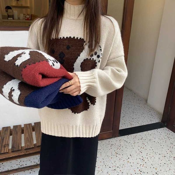 h.sa pull femme hiver women winter cute sweaters cartoon bear sweater pullovers turtleneck korean knitted jumpers girls chic 210716, White;black
h.sa pull femme hiver women winter cute sweaters cartoon bear sweater pullovers turtleneck korean knitted jumpers girls chic 210716, White;black