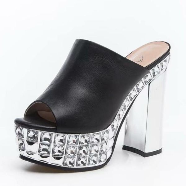 women 2021 summer corium thick high heels sandals rhinestone platform super block genuine leather slippers shoes, Black
women 2021 summer corium thick high heels sandals rhinestone platform super block genuine leather slippers shoes, Black