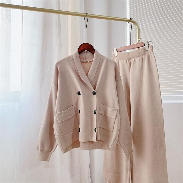 women's two piece pants 2021 autumn korean double breasted coat wide leg two-piece temperament fashion knitted suit 2029, White
women's two piece pants 2021 autumn korean double breasted coat wide leg two-piece temperament fashion knitted suit 2029, White