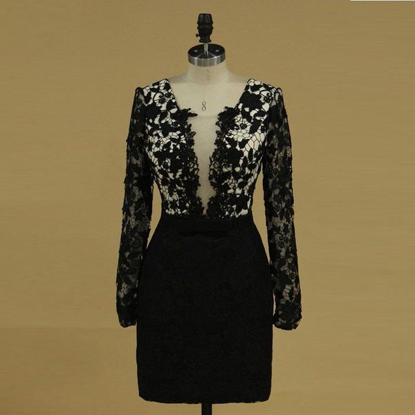 party dresses illusion long sleeves black prom deep v neck short homecoming wear, White;black
party dresses illusion long sleeves black prom deep v neck short homecoming wear, White;black