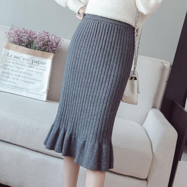 skirts hanyiren knitted elastic skirt women 2021 autumn winter high waist bodycon fishtail solid black ruffle elegant office wear