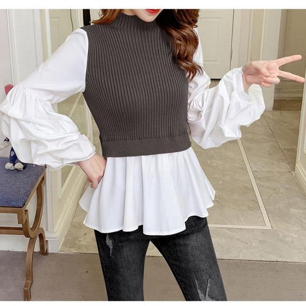 women's sweaters autumn patchwork knitted pullovers women slim fit lantern sleeve jumper dress shirts turtleneck elegant sweater femme, White;black