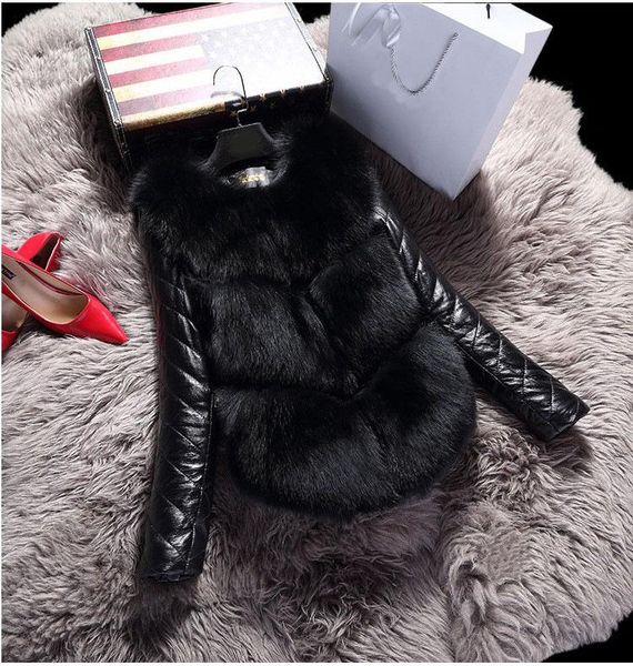 women's fur & faux sleeve short autumn and winter imitation coat pu leather vest jacket, Black
women's fur & faux sleeve short autumn and winter imitation coat pu leather vest jacket, Black
