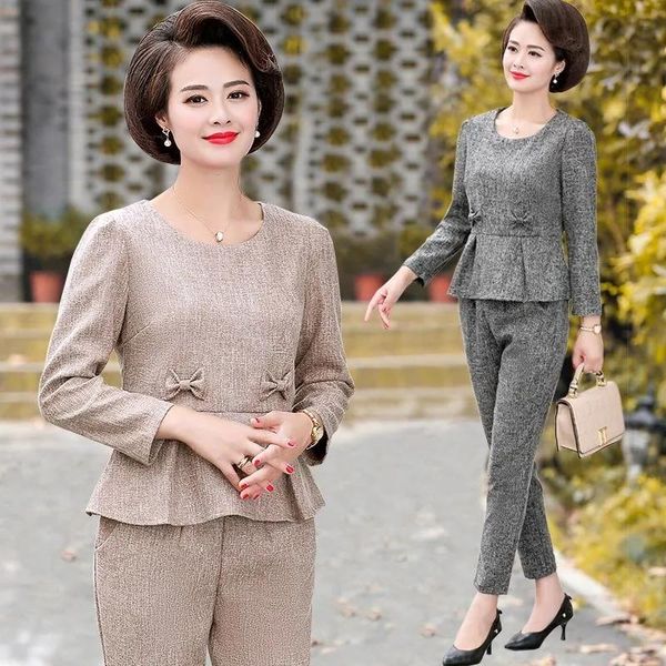 fashion pleated elastic waist women clothing spring mother round collar leisure loose bow plus size sets women's two piece pants, White
fashion pleated elastic waist women clothing spring mother round collar leisure loose bow plus size sets women's two piece pants, White