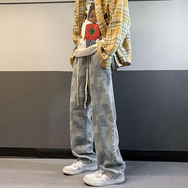 men's jeans fashion mopping geometric patchwork baggy denim pants straight loose trousers, Blue
men's jeans fashion mopping geometric patchwork baggy denim pants straight loose trousers, Blue