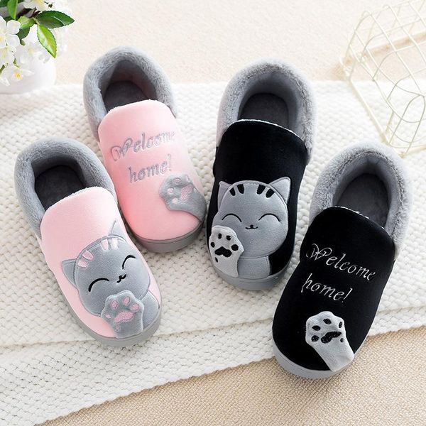 slippers women's closed furry warm home bedroom indoor cotton shoes cute cartoon kitten plush memory foam slipper, Black