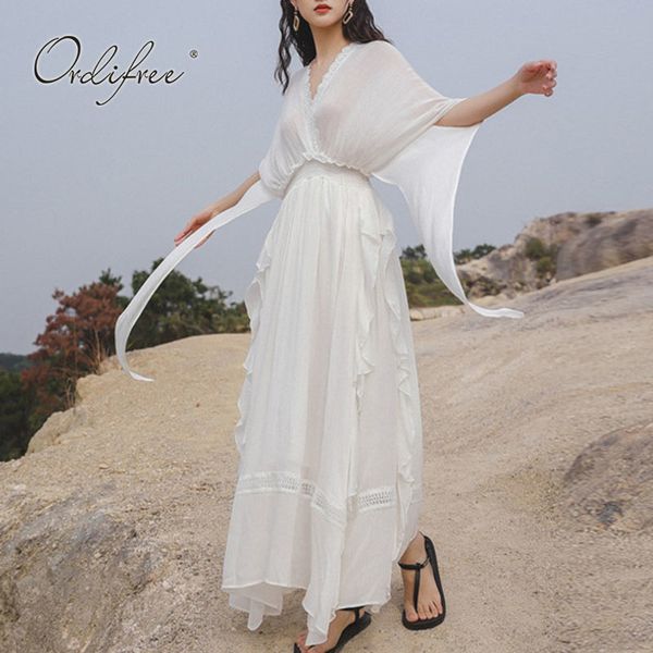 summer beach long backless white ruffle deep v neck vintage chic ladies high elestic waist party dress 210415, Black;gray
summer beach long backless white ruffle deep v neck vintage chic ladies high elestic waist party dress 210415, Black;gray