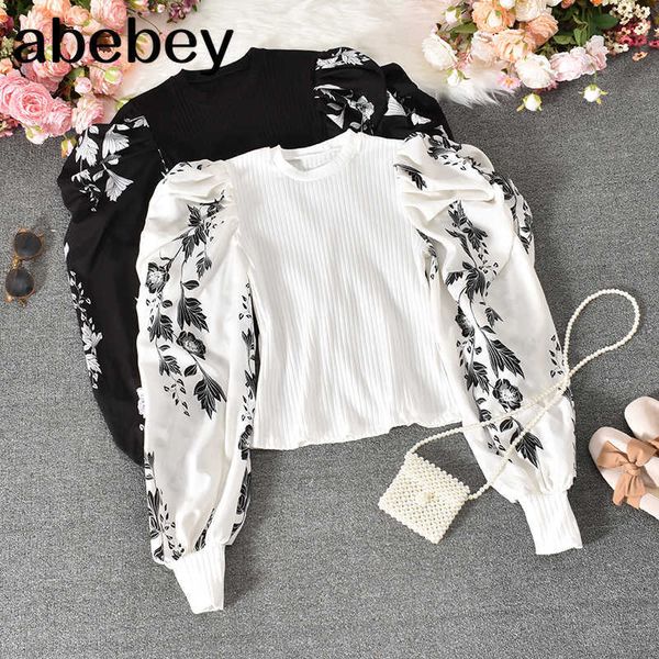 puff sleeve print pullovers short autumn fashion women sweaters elegant korean sueter mujer 17556 210715, White;black
puff sleeve print pullovers short autumn fashion women sweaters elegant korean sueter mujer 17556 210715, White;black