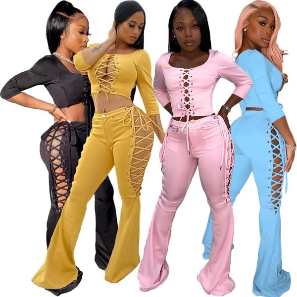 women's two piece pants 2021 autumn women bandage set round neck hollow out long sleeves skinny floor length flare tracksuits, White
women's two piece pants 2021 autumn women bandage set round neck hollow out long sleeves skinny floor length flare tracksuits, White