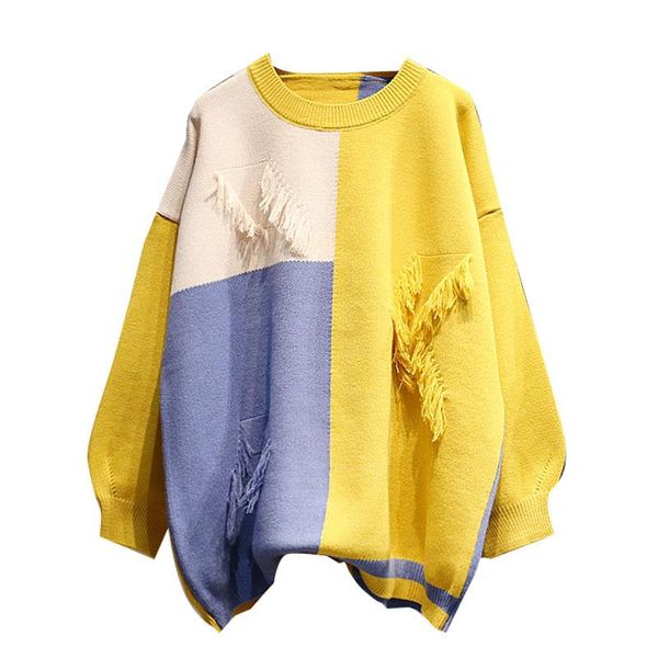 women's sweaters casual yellow color block knit sweater lantern sleeve loose pullover, White;black
women's sweaters casual yellow color block knit sweater lantern sleeve loose pullover, White;black