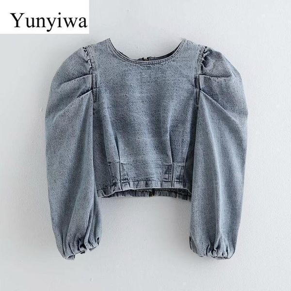 women vintage puff sleeve pleats denim casual short blouses ladies o neck back zipper chic shirt autumn jeans blusas 1, White
women vintage puff sleeve pleats denim casual short blouses ladies o neck back zipper chic shirt autumn jeans blusas 1, White