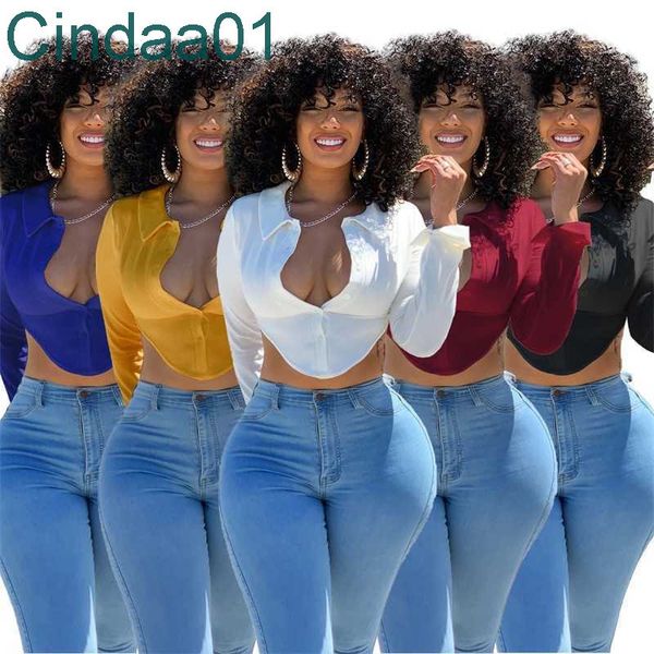 women designer long sleeve shirt lapel short high waist irregular design slim solid color clothing 5 colours, White
women designer long sleeve shirt lapel short high waist irregular design slim solid color clothing 5 colours, White