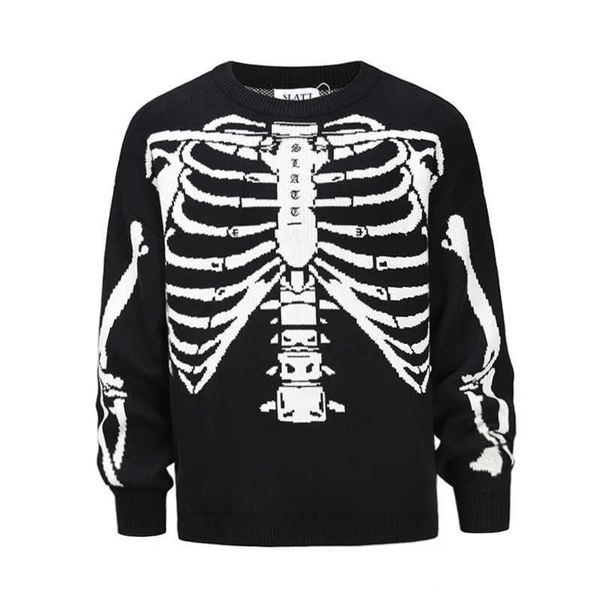 men's sweaters slatt skeleton embroidered letter over size off shoulder loose silhouette trendy sweater, White;black
men's sweaters slatt skeleton embroidered letter over size off shoulder loose silhouette trendy sweater, White;black