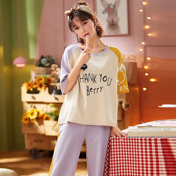 women's sleepwear summer cotton pajamas short sleeve trousers sweet oversize loose home clothes women can, Black;red
women's sleepwear summer cotton pajamas short sleeve trousers sweet oversize loose home clothes women can, Black;red