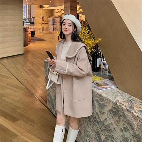 women's wool & blends autumn and winter style large size loose fashion commuter college wind navy lapel woolen coat, Black 
women's wool & blends autumn and winter style large size loose fashion commuter college wind navy lapel woolen coat, Black