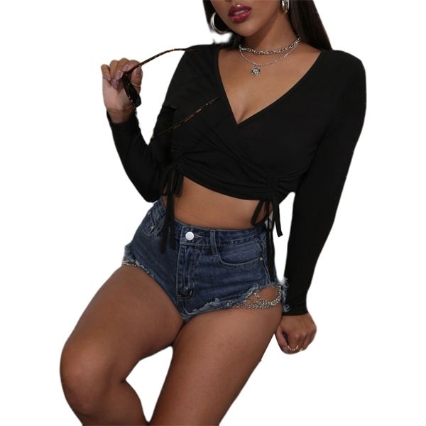 women t-shirt full length regular sleeve big open v-neck low-cut chest solid color slim fitting exposed navel ruched 210522, White
women t-shirt full length regular sleeve big open v-neck low-cut chest solid color slim fitting exposed navel ruched 210522, White