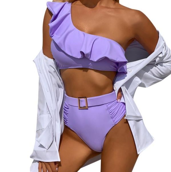 women's swimwear ladies bikini two-piece with oblique shoulder design ruffled trim high waist summer clothing, White;black
women's swimwear ladies bikini two-piece with oblique shoulder design ruffled trim high waist summer clothing, White;black