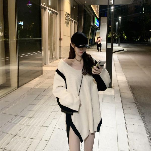 women's sweaters casual loose pullover sweater women lazy style v-neck long sleeve patchwork midi korean autumn winter, White;black
women's sweaters casual loose pullover sweater women lazy style v-neck long sleeve patchwork midi korean autumn winter, White;black