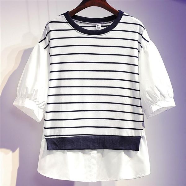 women's t-shirt plus size women summer loose casual t-shirts 2021 simple style patchwork striped female simulation 2 pieces tees w201, White
women's t-shirt plus size women summer loose casual t-shirts 2021 simple style patchwork striped female simulation 2 pieces tees w201, White