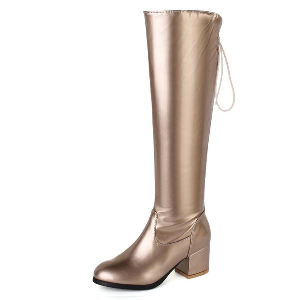 boots bright leather champagne gold square heel knee-length waterproof thick lace-up silver high fashion shoes zipper, Black
boots bright leather champagne gold square heel knee-length waterproof thick lace-up silver high fashion shoes zipper, Black