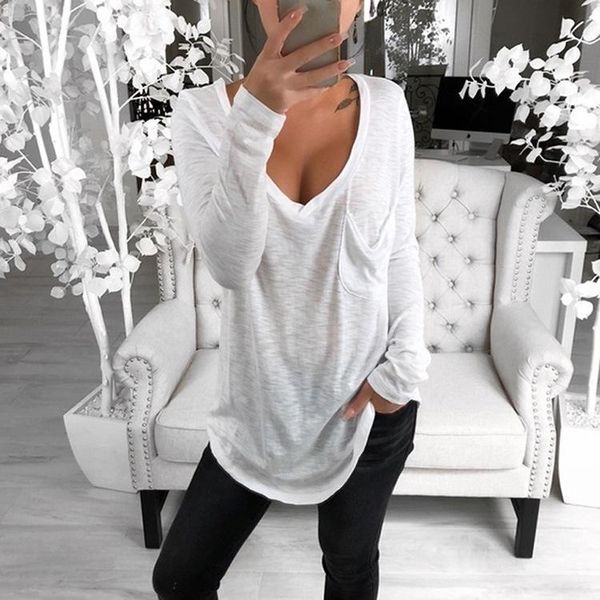 autumn style european and american women's v-neck loose pocket foreign trade long-sleeved t-shirt, White
autumn style european and american women's v-neck loose pocket foreign trade long-sleeved t-shirt, White