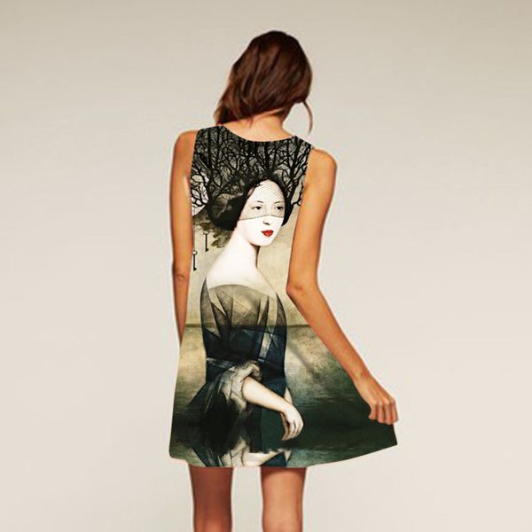 digital print round neck dress, Black;gray 
digital print round neck dress, Black;gray