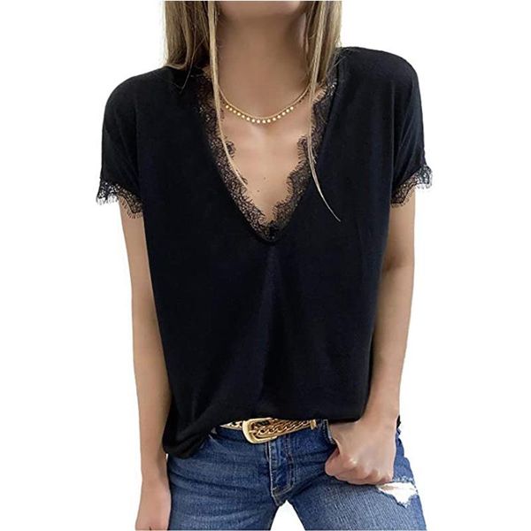 women's t-shirt pure color lace stitching t shirt 2021 summer thin v neck short sleeve street fashion harajuku ladies tees, White
women's t-shirt pure color lace stitching t shirt 2021 summer thin v neck short sleeve street fashion harajuku ladies tees, White