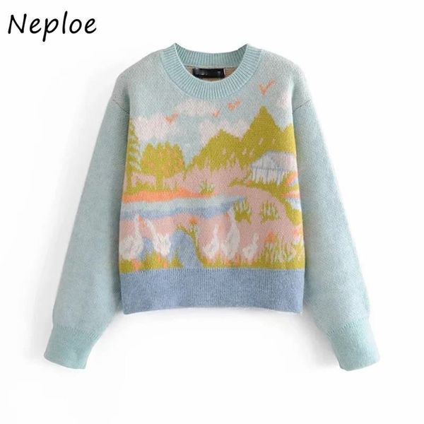 vintage print knit sweater women o neck pullover long sleeve loose pull femme spring sueter all match green 210422, White;black
vintage print knit sweater women o neck pullover long sleeve loose pull femme spring sueter all match green 210422, White;black