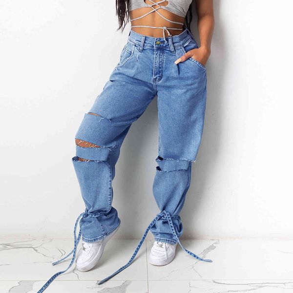 jean spring and autumn women jeans washed ripped straight pants hole bandage denim loose casual trousers, Blue
jean spring and autumn women jeans washed ripped straight pants hole bandage denim loose casual trousers, Blue