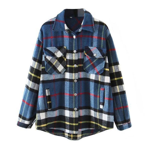 

women's wool & blends wenqing womens casual loose button plaid blend shirt jackets checked overshirt outerwear ins fashion woolen peaco, Black