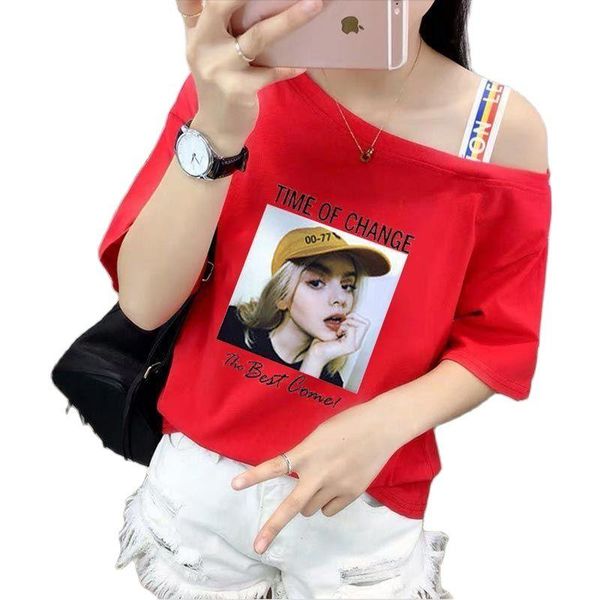 women's t-shirt cotton summer short sleeve women loose shoulder letter print collarbone shirt, White
women's t-shirt cotton summer short sleeve women loose shoulder letter print collarbone shirt, White