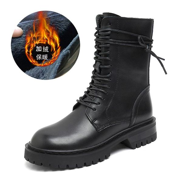 boots ann women's round head british style plush shoes thick soled short, Black