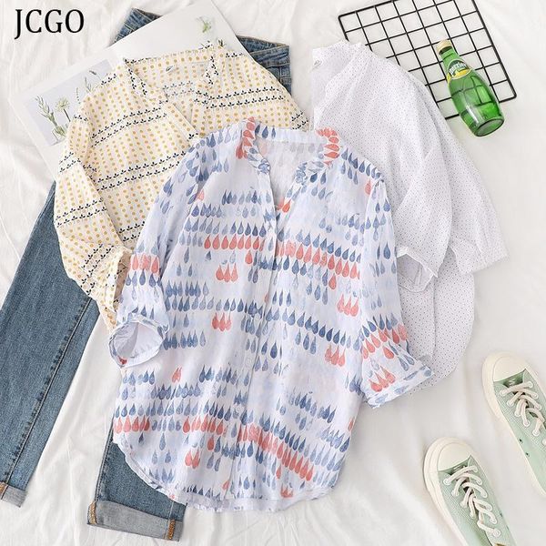 women's blouses & shirts jcgo summer cotton women shirt three quarter sleeve print office spring casual female fashion clothing, White
women's blouses & shirts jcgo summer cotton women shirt three quarter sleeve print office spring casual female fashion clothing, White