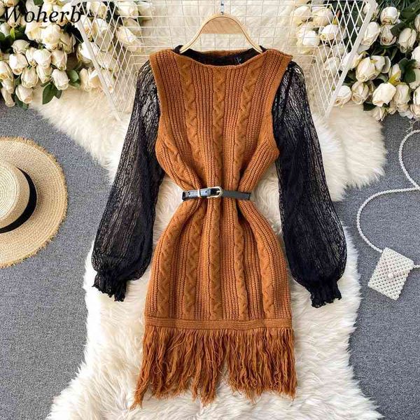 see through lace shirt + knitted tassel sweater tank dress chic 2 piece set women korean elegant fashion outfit 210417, White 
see through lace shirt + knitted tassel sweater tank dress chic 2 piece set women korean elegant fashion outfit 210417, White