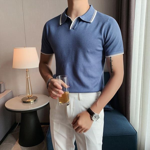 british style summer solid mens polos short sleeve knitted shirts turn down collar slim fit casual business tees homme streetwear, White;black
british style summer solid mens polos short sleeve knitted shirts turn down collar slim fit casual business tees homme streetwear, White;black