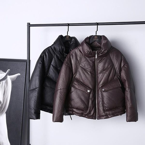 women's leather & faux 2021 arrival women fashion genuine embossing sheepskin white duck down casual short jackets, Black
women's leather & faux 2021 arrival women fashion genuine embossing sheepskin white duck down casual short jackets, Black