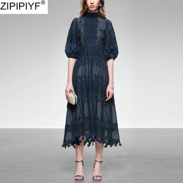 embroidered lantern sleeve women dress 2021 spring elegant stand collar long slim mid-calf vestidos casual dresses, Black;gray 
embroidered lantern sleeve women dress 2021 spring elegant stand collar long slim mid-calf vestidos casual dresses, Black;gray