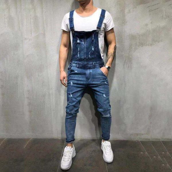 men ripped hole jeans jumpsuits spring casual skinny sleeveless distressed denim overalls for man suspender pants plus size 3xl men's, Black