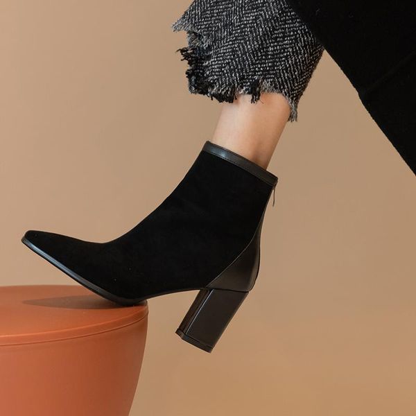 boots 2021 stitching flock women high heels thick ankle booties female zip shoes ladies square toe winter, Black
boots 2021 stitching flock women high heels thick ankle booties female zip shoes ladies square toe winter, Black