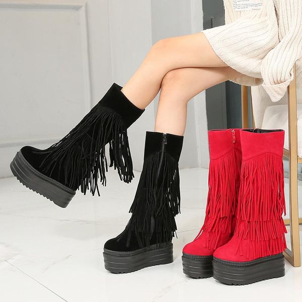nightclub stovepipe fringed women's boots 2021 winter 13cm thick-sole increase within middle tube wedges, Black
nightclub stovepipe fringed women's boots 2021 winter 13cm thick-sole increase within middle tube wedges, Black