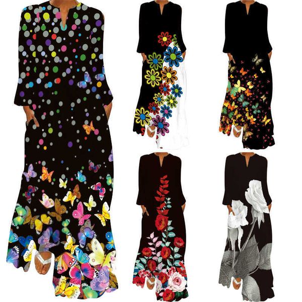 2021 spring and summer women's long skirt v-neck sleeve pocket print loose drs, Black;gray
2021 spring and summer women's long skirt v-neck sleeve pocket print loose drs, Black;gray