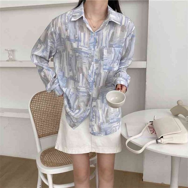 retro loose korean shirt tie dye print long see through chic turn-down sleeve elegant blouse female blusa 210601, White