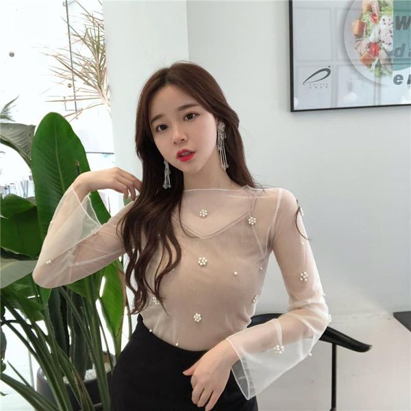 women's blouses & shirts spring korean clothing mesh lace beading patchwork two pieces perspective blusas mujer de moda, White
women's blouses & shirts spring korean clothing mesh lace beading patchwork two pieces perspective blusas mujer de moda, White
