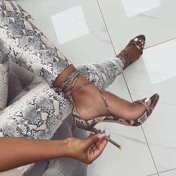 sandals summer women's fashion pu lace-up thin high heels 11.5cm cover heel serpentine 35-40 7cca, Black