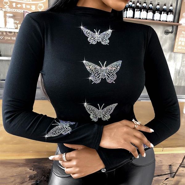 women's t-shirt 2021 spring plus size butterfly turtleneck long sleeve for lady slim rhinestone tee sequins clubwear, White
women's t-shirt 2021 spring plus size butterfly turtleneck long sleeve for lady slim rhinestone tee sequins clubwear, White